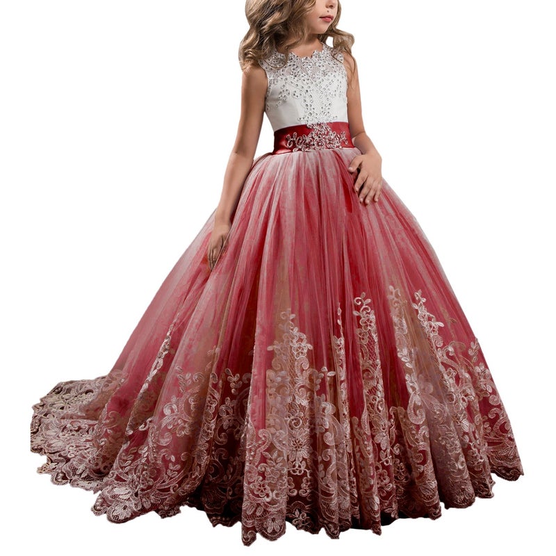 WDE Princess Burgundy Long Girls Pageant Dresses Kids Prom Puffy Tulle Ball Gown US 12 - Image 1